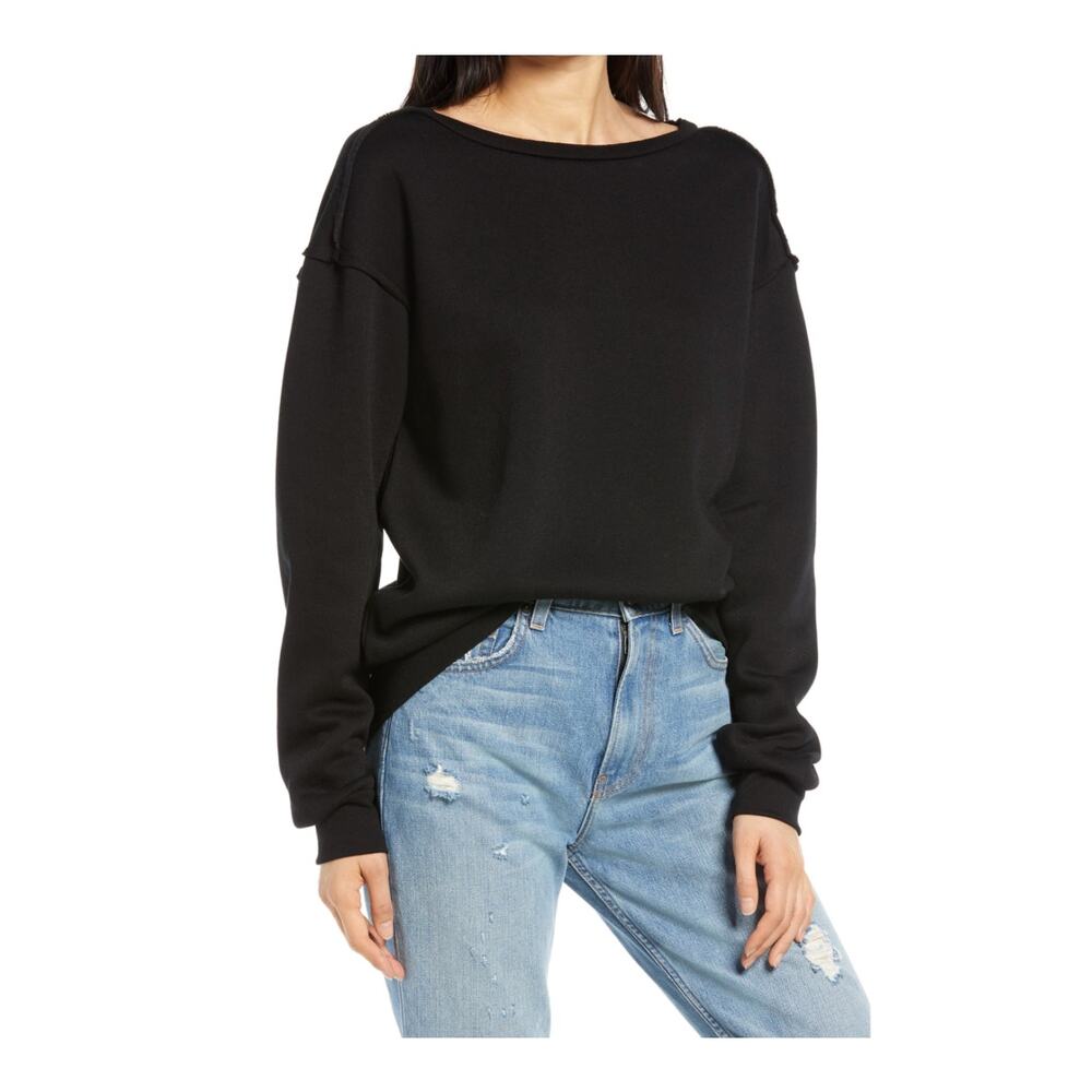 Treasure & Bond Womens Raw Edge Sweatshirt Size XS NEW Black Classic Crew Neck